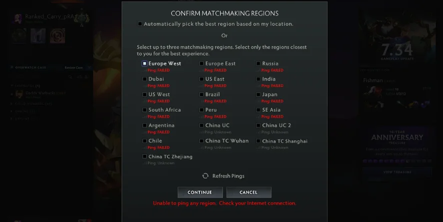 dota 2 unable to ping any region